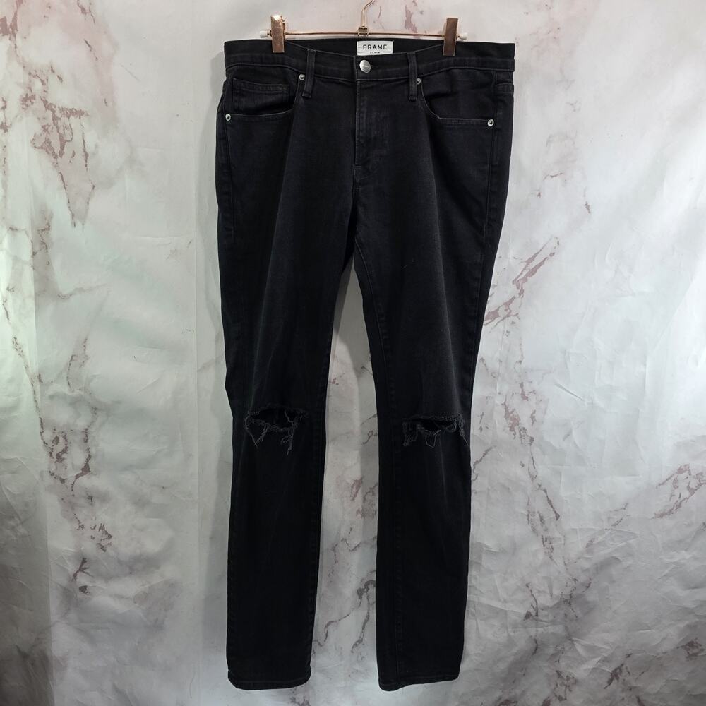 Frame Jeans Mens 31 X 32 Black Denim LHomme Skinny Ripped Long Noir Slits